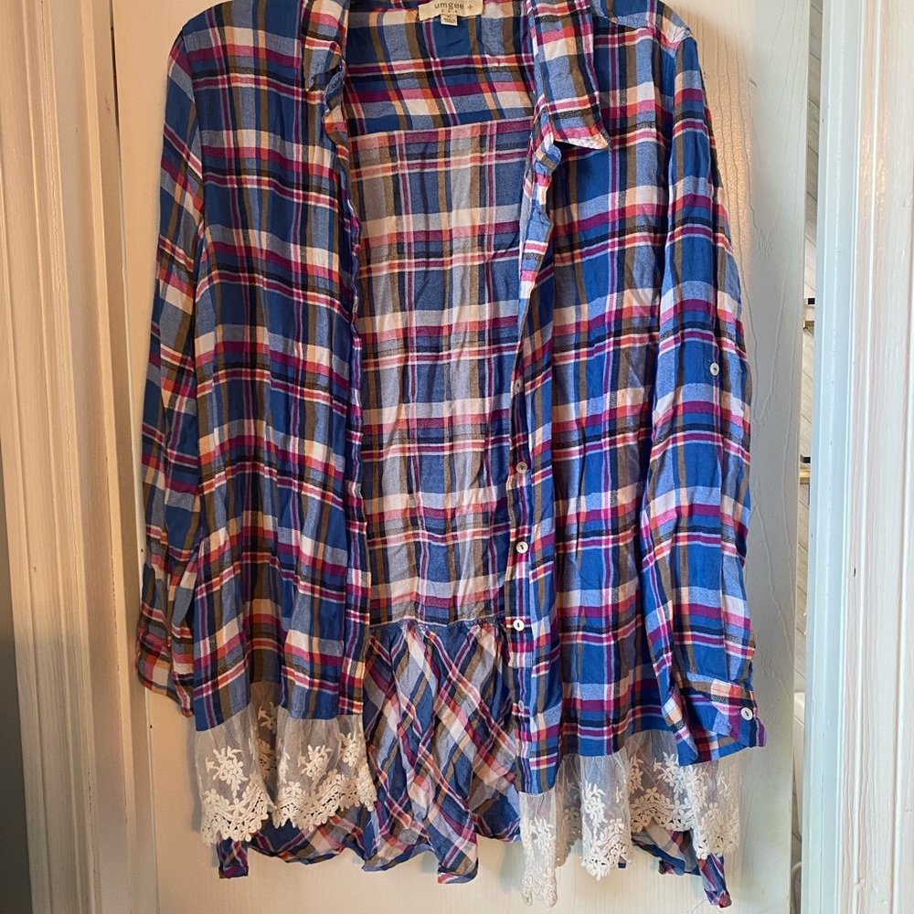 Purple and blue flannel with lace detailing at the bottom